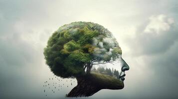 Conceptual image of a human head with colorful brain and autumn leaves. mental health concept artwork photo