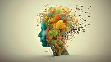 Conceptual image of a human head with colorful brain and autumn leaves. mental health concept artwork photo