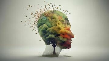 conceptual imagen de un humano cabeza con vistoso cerebro y otoño hojas. mental salud concepto ai generado obra de arte foto