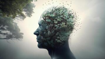 Conceptual image of a human head with colorful brain and autumn leaves. mental health concept artwork photo