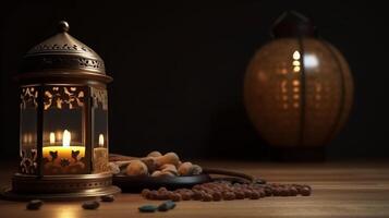 Ramadan Kareem greeting card. Arabic lanterns, moon and mosque at night. artwork photo