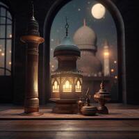 Ramadan Kareem greeting card. Arabic lanterns, moon and mosque at night. artwork photo