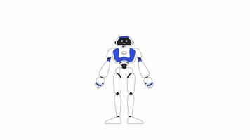 leende robot rör på sig händer animation. robotik. full kropp android isolerat 2d tecknad serie platt Färg linje karaktär 4k video antal fot på vit bakgrund med alfa kanal genomskinlighet för webb design