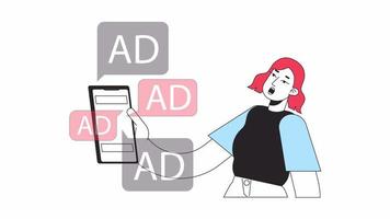 Digital ads overload animation. Animated shocked girl 2D cartoon flat colour line character. Infoxication on internet 4K video concept footage on white with alpha channel transparency for web design