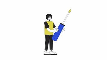 Man holding screwdriver animation. Animated happy male mechanical engineer 2D cartoon flat colour line character. 4K video concept footage on white with alpha channel transparency for web design