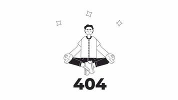 Animé bw méditation 404 erreur. homme Faire yoga. vide Etat 4k vidéo métrage avec alpha canal transparence. éclat message. monochromatique échoué chargement animation pour page ne pas trouvé, la toile ui conception video