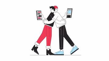Partner phubbing animation. Animated couple hugging with phones 2D cartoon flat colour line characters. Addicted 4K video concept footage on white with alpha channel transparency for web design