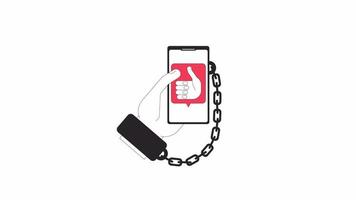 Telephone dependence animation. Animated handcuffs and phone 2D cartoon flat colour line first view hand. Social media 4K video concept footage on white with alpha channel transparency for web design