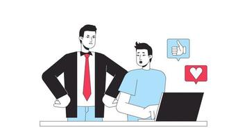 Cyberloafing im Arbeitsplatz Animation. animiert abgelenkt Mitarbeiter, wütend Boss 2d Karikatur eben Farbe Linie Figuren. 4k Video Konzept Aufnahmen auf Weiß mit Alpha Kanal Transparenz zum Netz Design