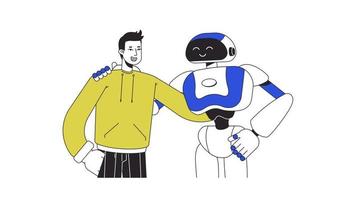 humano abraçando robô animação. animado andróide com cara 2d desenho animado plano cor linha personagens. ai dentro diariamente vida 4k vídeo conceito cenas em branco com alfa canal transparência para rede Projeto video