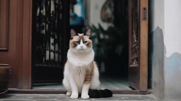 A charming and fluffy white kitten sitting down, art work photo