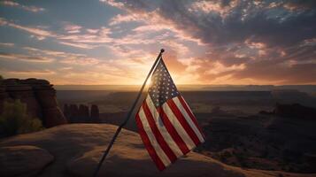 unido estados de America bandera ondulación en el viento a puesta de sol ai generado obra de arte foto