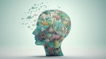 Conceptual image of a human head with colorful brain and autumn leaves. mental health concept artwork photo