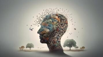 Conceptual image of a human head with colorful brain and autumn leaves. mental health concept artwork photo