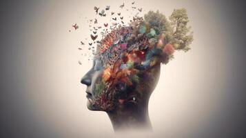 Conceptual image of a human head with colorful brain and autumn leaves. mental health concept artwork photo