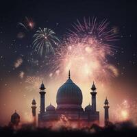 celebracion antecedentes con un mezquita y fuegos artificiales en el noche cielo. eid celebracion concepto ai generado obra de arte foto