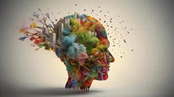 Conceptual image of a human head with colorful brain and autumn leaves. mental health concept artwork photo