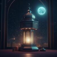 Ramadan Kareem greeting card. Arabic lanterns, moon and mosque at night. artwork photo