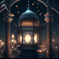 Ramadan Kareem greeting card. Arabic lanterns, moon and mosque at night. artwork photo