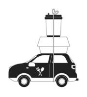 Delivery car with prepared meal and coffee monochrome concept vector spot illustration. Editable 2D flat bw cartoon object for web UI design. Creative linear hero image for landings, mobile headers
