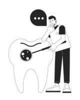 Regular dental check up bw concept vector spot illustration. Dentist appointment 2D flat line monochromatic cartoon character for web UI design. Editable hero image for landing page, mobile header