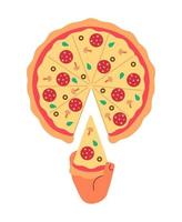 Taking slice of pizza semi flat colour vector first view hand. Eating handmade cheese pepperoni. Editable cartoon style icon on white. Simple spot illustration for web graphic design and animation