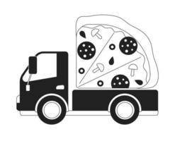 Delivery vehicle with pizza monochrome concept vector spot illustration. Editable 2D flat bw cartoon object for web UI design. Fast food service creative linear hero image for landings, mobile headers