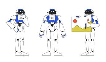 Humanoid robots AI performing tasks linear flat color vector characters set. Editable full body machines on white. Thin line cartoon style spot illustrations pack for web graphic design and animation