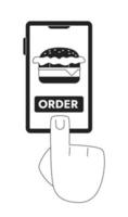 Burger order mobile app monochrome concept vector spot illustration. Editable 2D flat bw cartoon first view hand for web UI design. Fast food creative linear hero image for landings, mobile headers