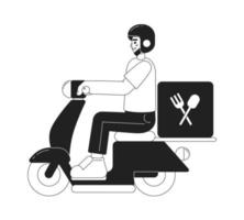 Driver riding fast food delivery moped monochromatic flat vector character. Editable thin line full body person. Simple bw cartoon spot image for web graphic design, animation. Hand drawn drawing