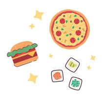 Popular fast food menu items flat concept vector spot illustration. Editable 2D cartoon composition on white for web UI design. Pizza, burger creative hero image for website landings, mobile headers