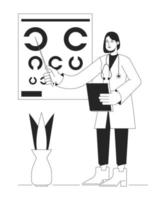 Ophthalmology clinic bw concept vector spot illustration. Optometrist checking eyesight 2D flat line monochromatic cartoon character for web UI design. Editable hero image for landing, mobile header