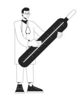 Taking temperature bw concept vector spot illustration. Doctor with mercury thermometer 2D flat line monochromatic cartoon character for web UI design. Editable hero image for landing, mobile header