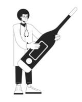 Physician with digital thermometer for fever bw concept vector spot illustration. Doctor 2D flat line monochromatic cartoon character for web UI design. Editable hero image for landing, mobile header