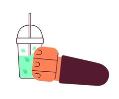 Holding green tea cup with straw semi flat colorful vector first view hand. Drinking matcha, smoothie. Editable icon on white. Simple cartoon spot illustration for web graphic design and animation