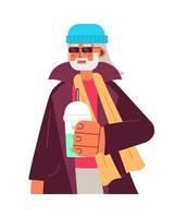 Happy senior with iced matcha green tea semi flat colorful vector character. Ageing wellness. Editable half body person on white. Simple cartoon spot illustration for web graphic design and animation