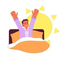 Healthy wake up routine flat concept vector spot illustration. Editable 2D cartoon character on white for web UI design. Stretching in bed creative hero image for website landings, mobile headers