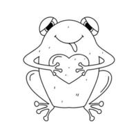 Frog animal holding heart in hand drawn doodle style. Vector illustration isolated on white background. Coloring book.