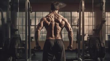 hermoso fuerte atlético hombres bombeo arriba músculos rutina de ejercicio culturismo concepto antecedentes - muscular carrocero hermoso hombres haciendo ejercicios en gimnasio desnudo ,ai generado obra de arte foto