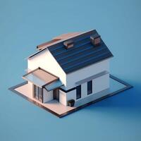 3d render of house in isometric projection on blue background real estate house concept artwork photo