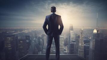 Young Entrepreneur Standing Proud in Front of Office Buildings, artwork photo