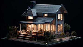 3D rendering of a house with solar panels on the roof. artwork photo