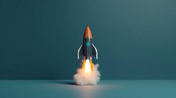 Rocket flying on a blue background. 3d render. Startup concept artwork photo