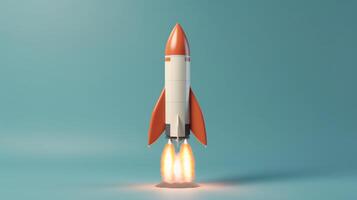 Rocket flying on a blue background. 3d render. Startup concept artwork photo