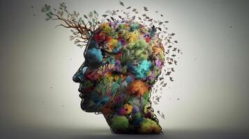 Conceptual image of a human head with colorful brain and autumn leaves. mental health concept artwork photo