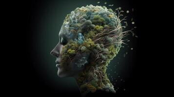 conceptual imagen de un humano cabeza con vistoso cerebro y otoño hojas. mental salud concepto ai generado obra de arte foto