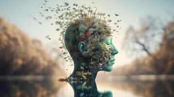 Conceptual image of a human head with colorful brain and autumn leaves. mental health concept artwork photo