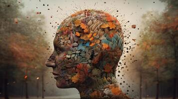 Conceptual image of a human head with colorful brain and autumn leaves. mental health concept artwork photo