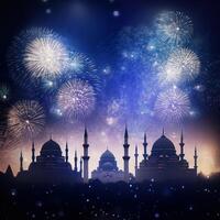 Celebration background with a mosque and fireworks in the night sky. Eid celebration concept artwork photo