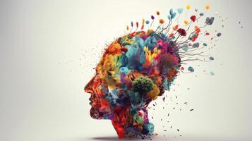 Conceptual image of a human head with colorful brain and autumn leaves. mental health concept artwork photo